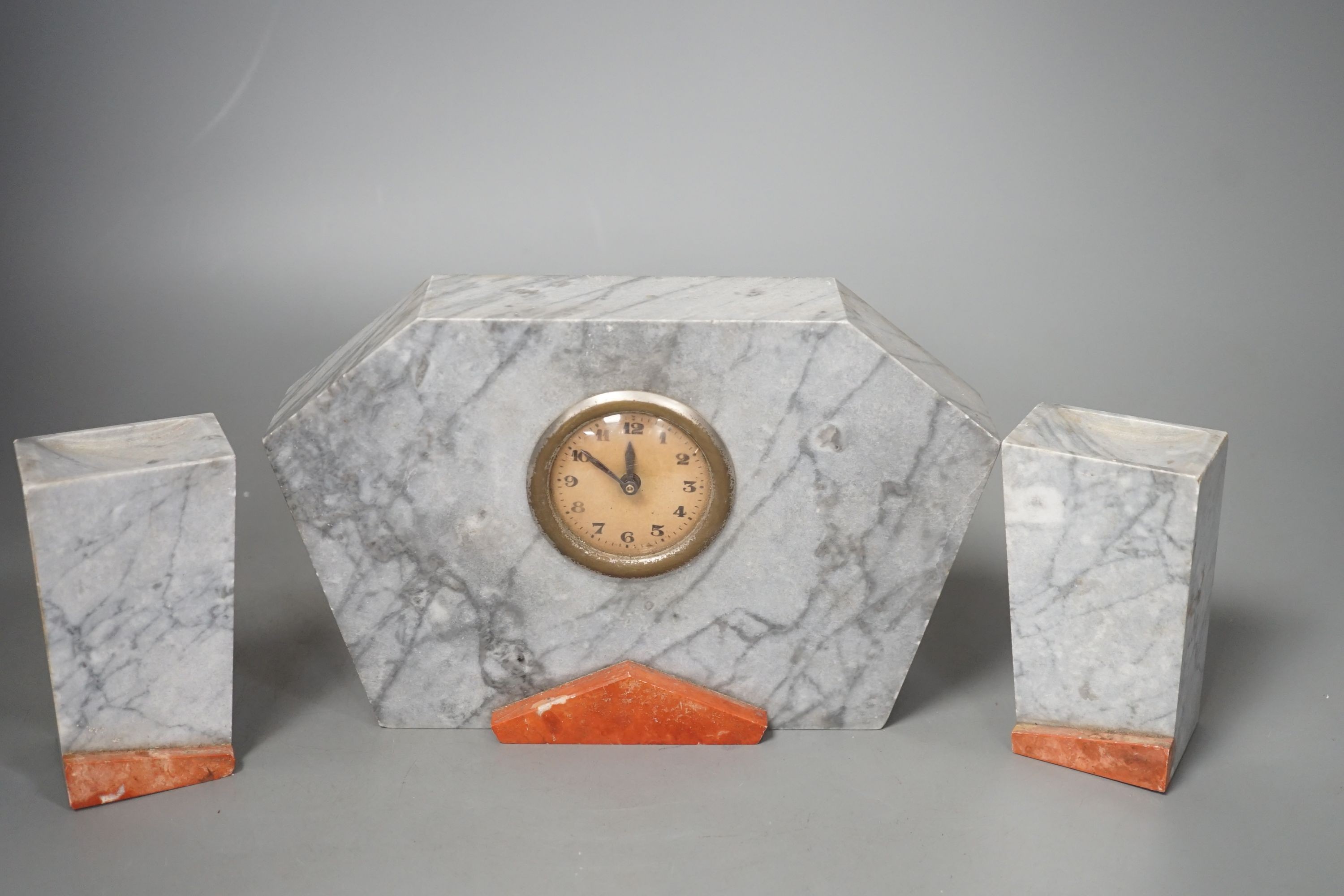 A French marble Art Deco clock garniture